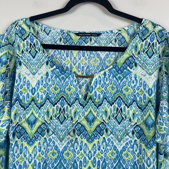 Zac & Rachel Womens Top Size 3X Blue Geo Printed Blouse Boho Flowy Art Casual - Picture 2 of 7